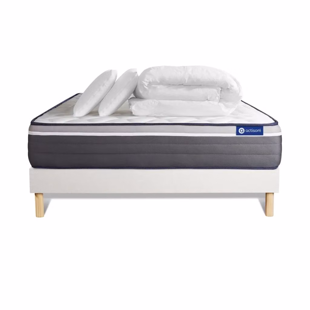 Kit letto completo Actisom Plus bianco con materasso ibrido memory foam e pocket, box spring con doghe, 2 cuscini e piumino, L/P: 180 x 200 cm – 2