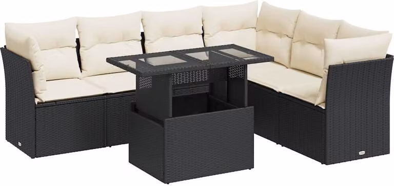 Set Divani da Giardino con Cuscini 7pz Nero Polyrattan