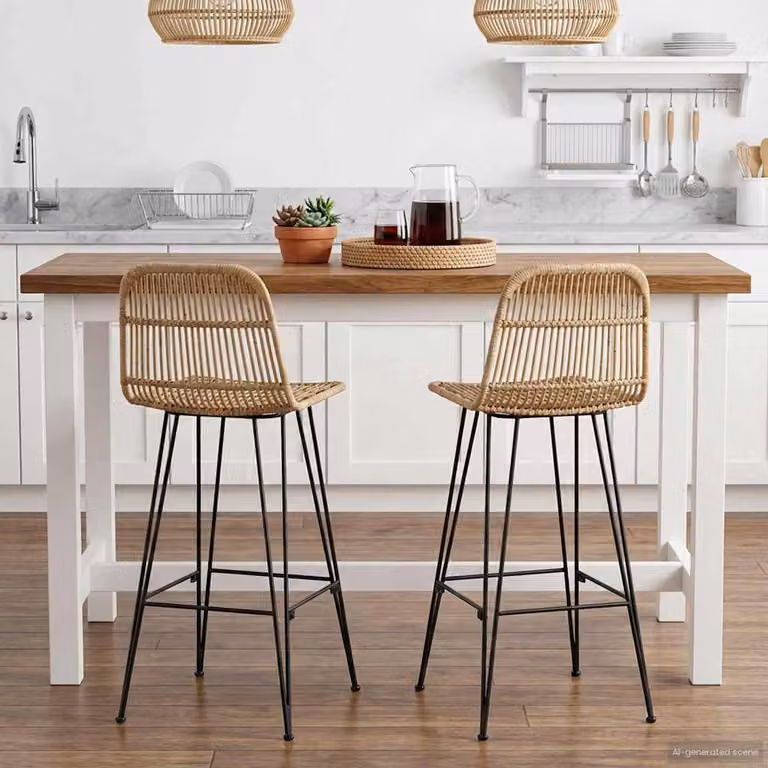 Set di 2 sgabelli da bar vidaXL in rattan e acciaio, colore naturale beige e marrone, L 44 cm x P 55 cm x H 109 cm