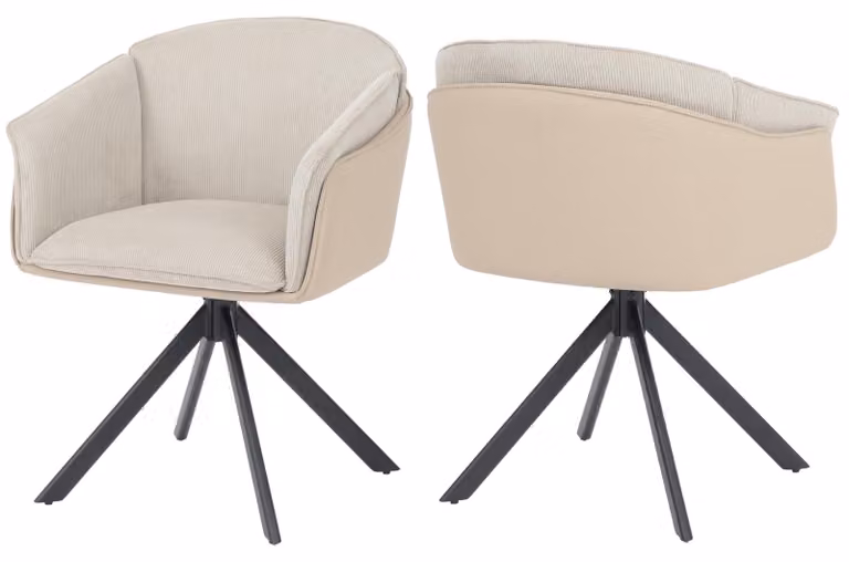 Set di 2 sedie da pranzo HWC-R24, sedie da cucina, girevoli, in metallo, con rivestimento in ecopelle, tessuto/tessuto cord, colore beige