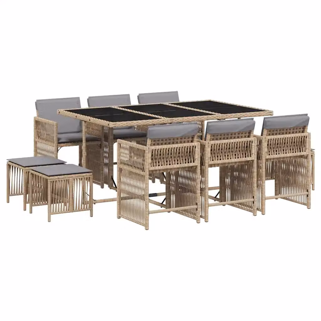 Set Pranzo da Giardino vidaXL in Polyrattan da 11 Pezzi con Cuscini Beige e Grigio e Tavolo in Vetro – 2