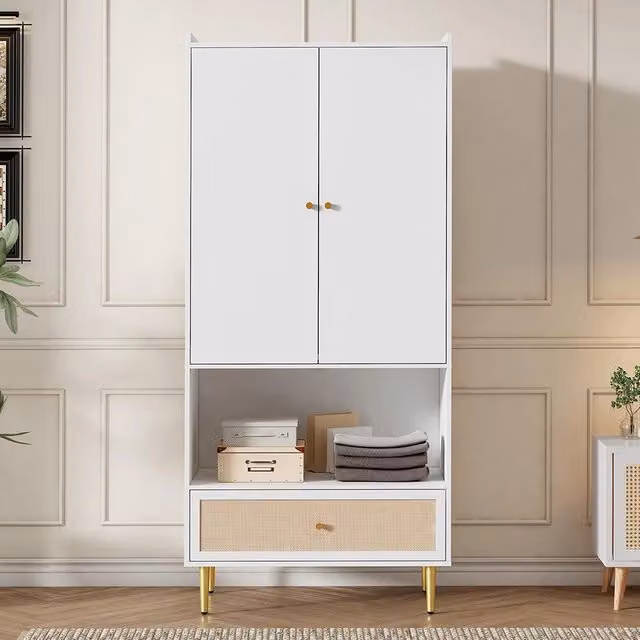 Armadio moderno a 2 ante con cassetti e ripiani in rattan, bianco e beige, L: 80 cm, P: 48 cm, H: 175 cm