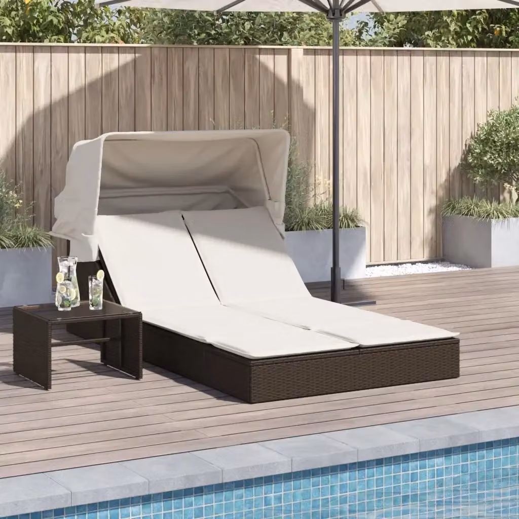 Sdraio da giardino doppia in polyrattan marrone e bianco con baldacchino e cuscini ergonomici – 2