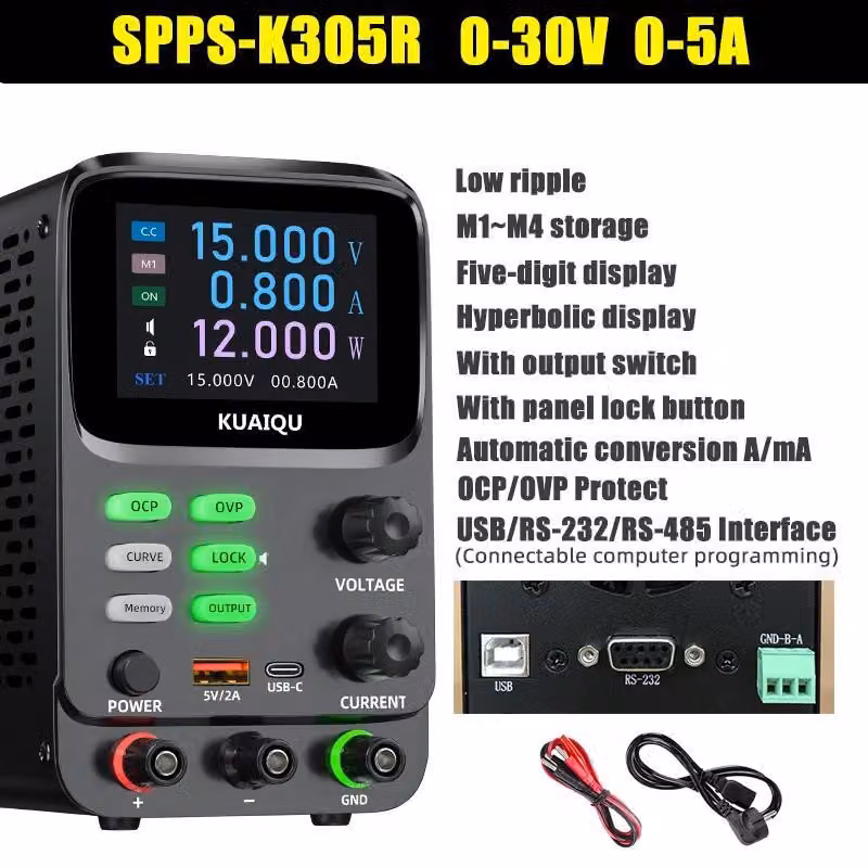 Alimentatore di laboratorio - SPPS-K305R, 3 canali - Alimentatore DC programmabile, 0–30V, 10A / 0–60V, 5A - 3 uscite - Display a 5 cifre - Misurazione di microcorrenti fino a 10 µA - Protezione OVP/OCP