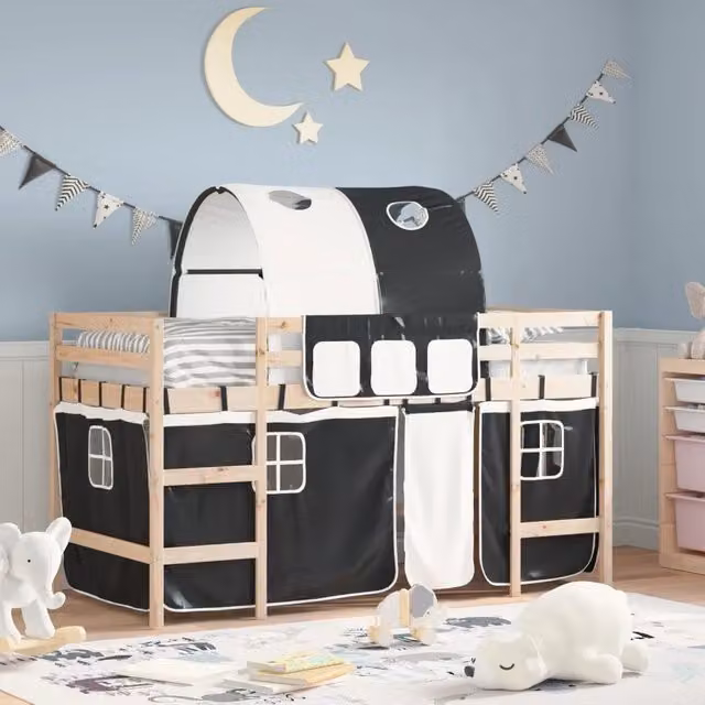 Letto a Soppalco con Tunnel Bambini Bianco e Nero 80x200cm Pino 3206982