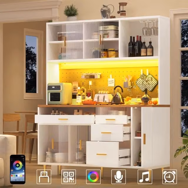 Armadio alto bianco 145x39x171 cm con illuminazione LED e mensole a pannello forato, per soggiorno, cucina e sala da pranzo
