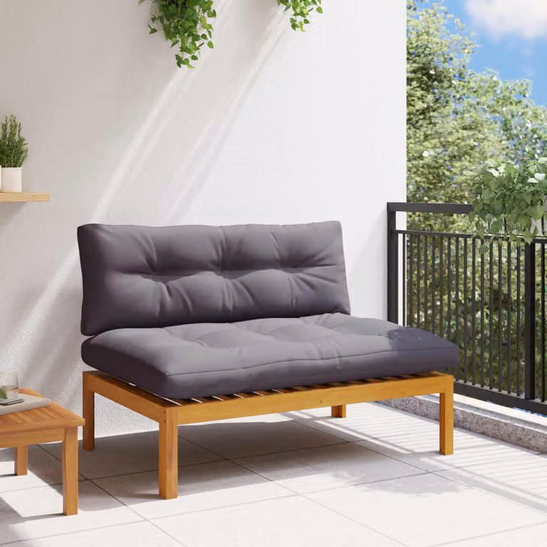 Unità Divano Centrale vidaXL in Legno di Acacia con Cuscini Imbottiti, Grigio e Marrone, L: 120 cm, P: 80 cm, H: 42 cm