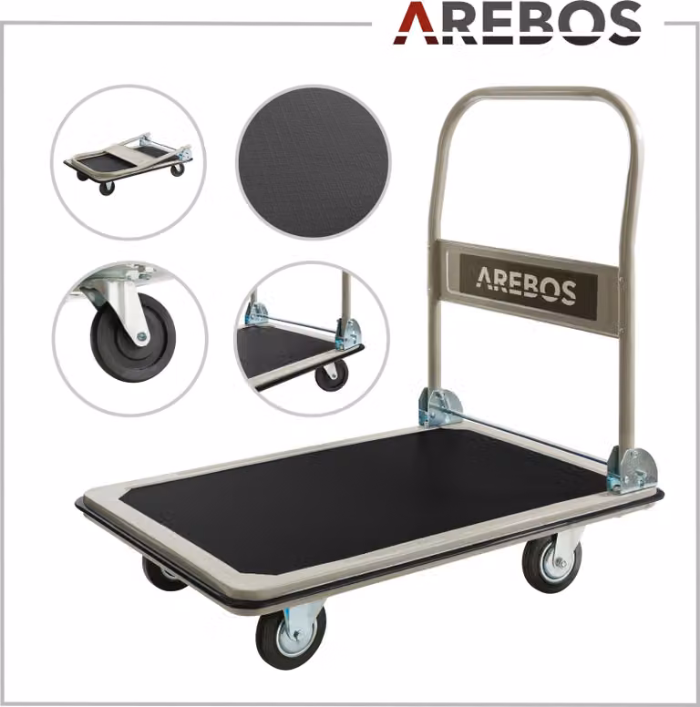 Carrello a piattaforma AREBOS pieghevole | ausilio per il trasporto fino a 300 kg, ruote piroettanti, antiscivolo