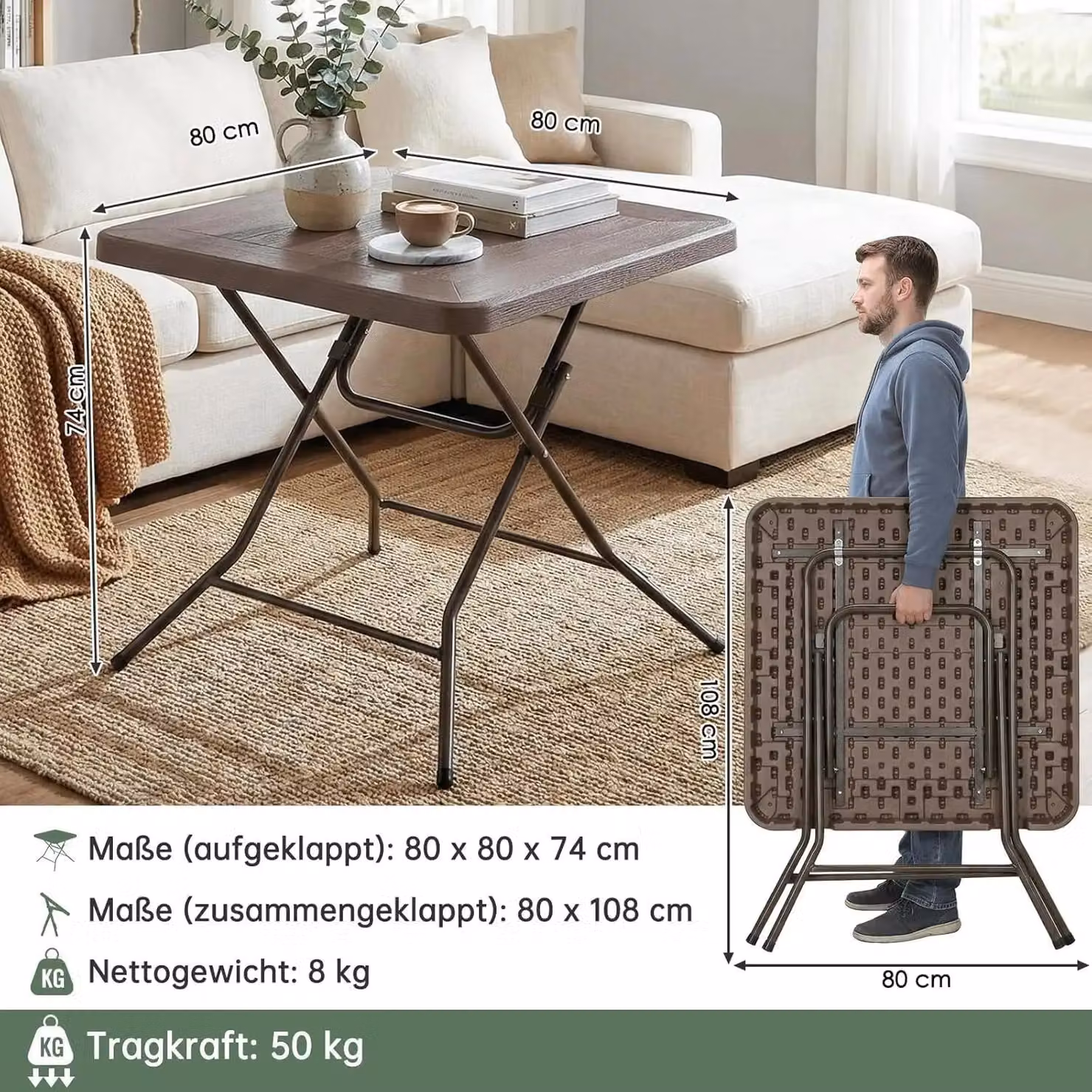 Tavolo pieghevole - Tavolo da giardino/campeggio - Dimensioni 80×80×74 cm - Quadrato - Gambe in acciaio inossidabile - Portatile e resistente - Per 4 persone - Marrone cioccolato
