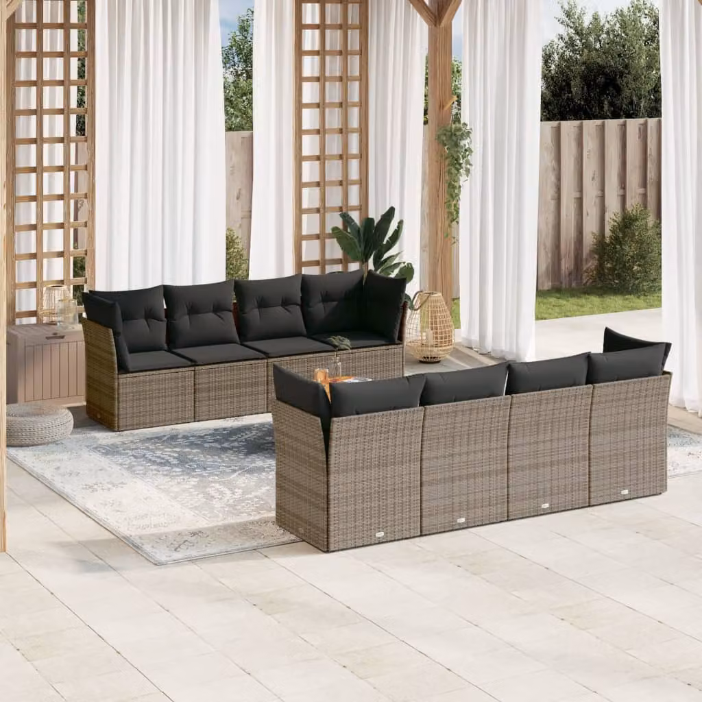 vidaXL Set Divano da Giardino 9 pz a Forma di L in Polyrattan con Cuscini e Tavolino da Caffè, Grigio e Marrone – 1
