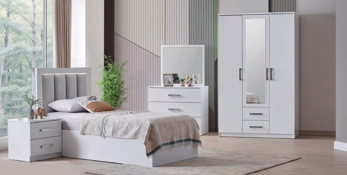 Set completo per camera da letto per adolescenti, composto da letto, armadio e scrivania da trucco, dal design elegante