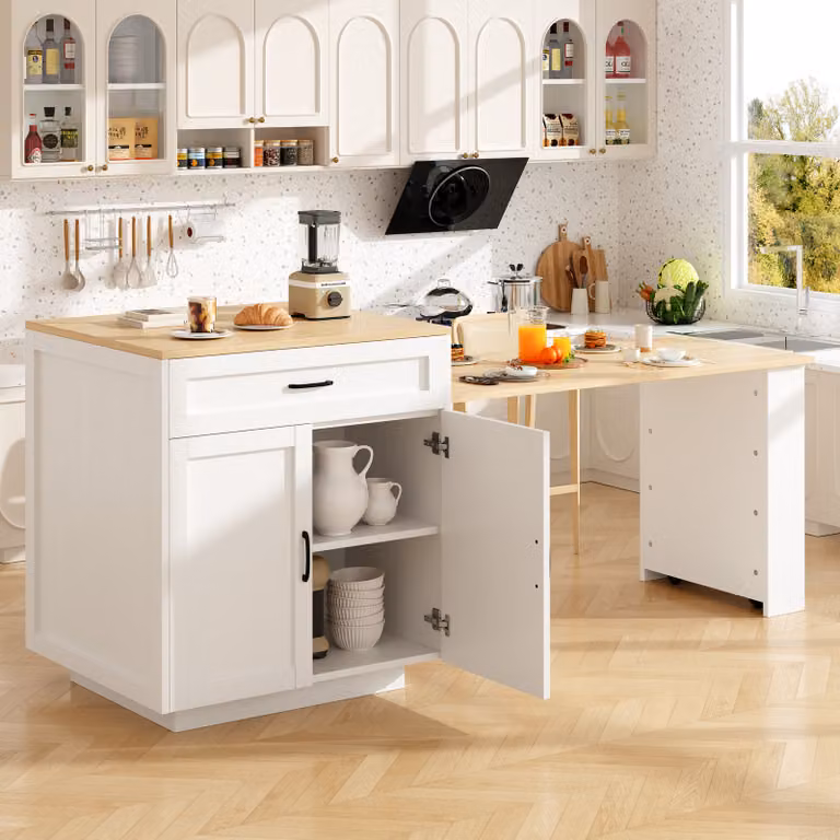okwish: Credenza, mobile contenitore, isola da cucina, tavolo estensibile con spazio contenitivo, con 2 cassetti e 2 vani, con ripiani laterali, bianco