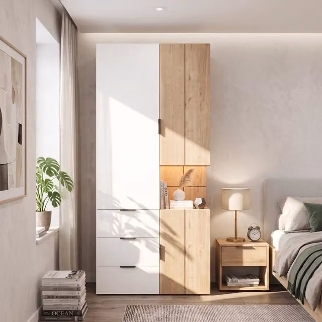 Armadio moderno con LED, 4 cassetti, vano gioielli e 2 appendiabiti per camera, MDF bianco rovere, 90 × 49 × 200 cm