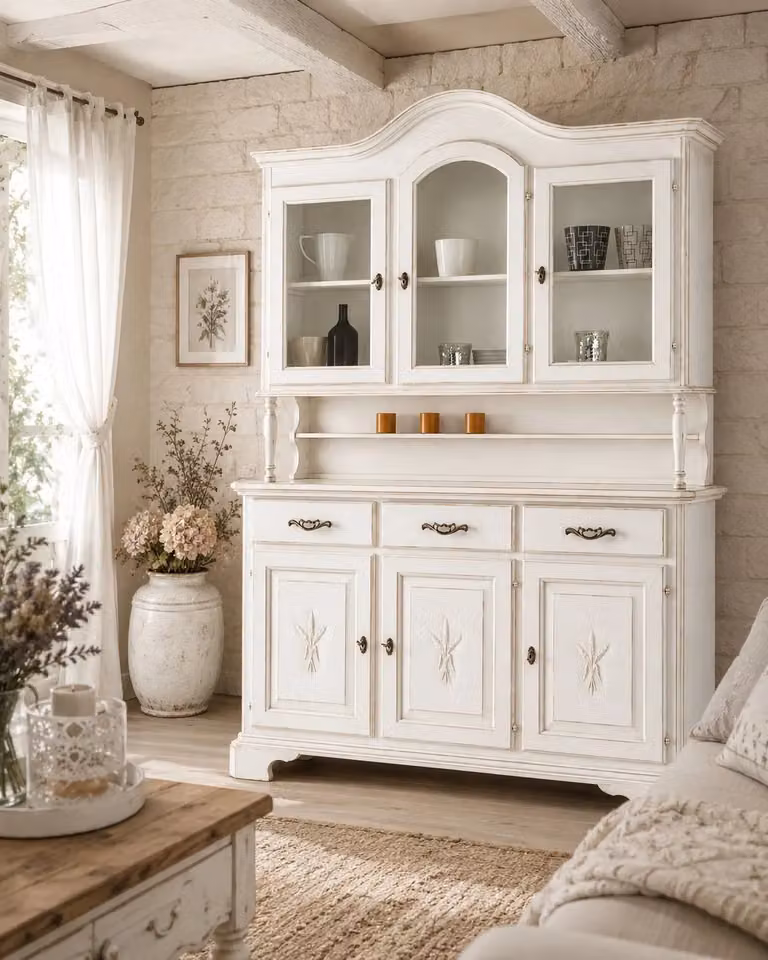 Cristalliera classica Mobili 2G in legno shabby chic bianco con ante in vetro e decoro a spiga L: 163 cm, P: 49 cm, H: 228 cm