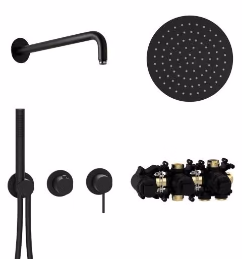 Herzbach MODUL7 Set miscelatore a leva H-RB250 con braccio a parete e soffione a pioggia Ø250 mm, nero opaco