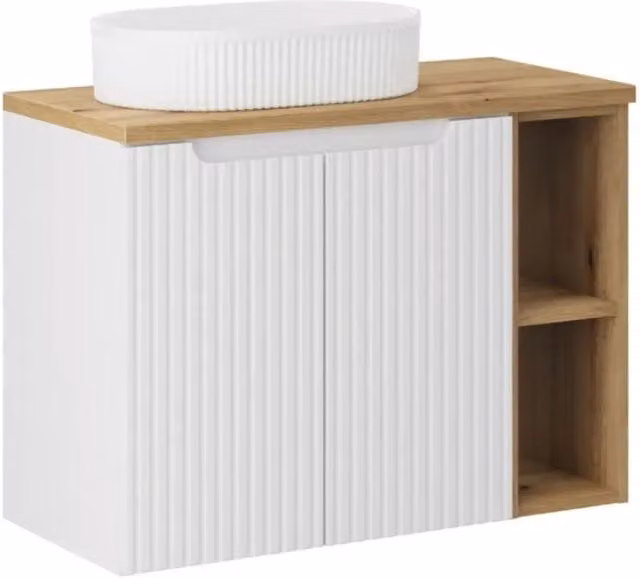 Set VANO bianco 80cm: mobili sotto lavabo con armadietti e nicchie a vista + piano per lavabo + lavabo da appoggio scanalato
