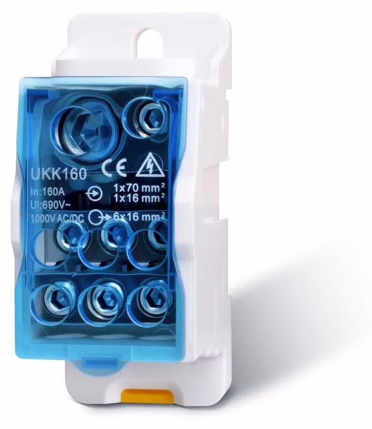 Blocco di connessione per quadro elettrico, 1 ingresso e 6 uscite, 160A, con morsetti su guida DIN
