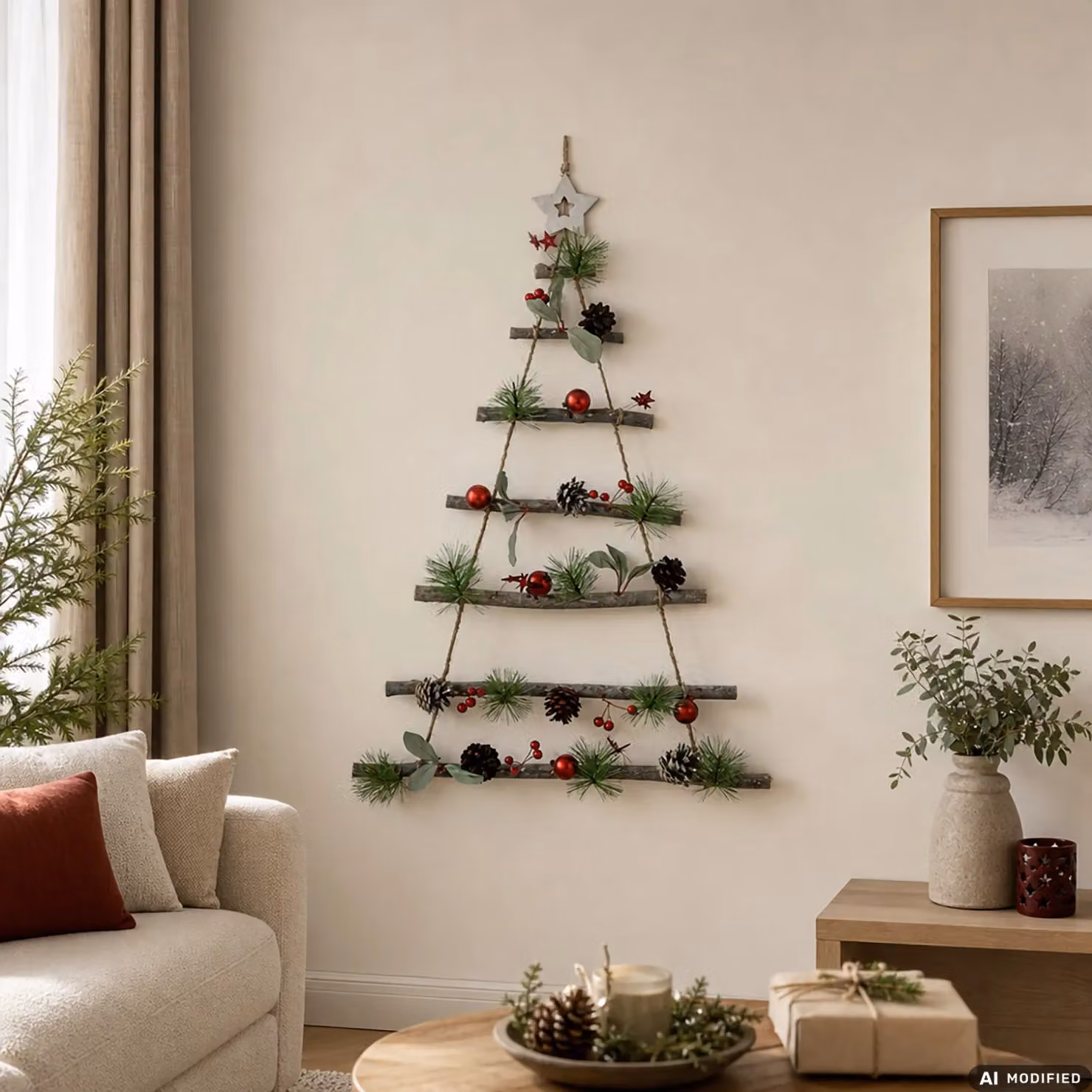 Appendino Natalizio Albero in Legno con Rami Naturali e Decorazioni Rosse Vestiamo Casa Altezza: 68 cm – 2