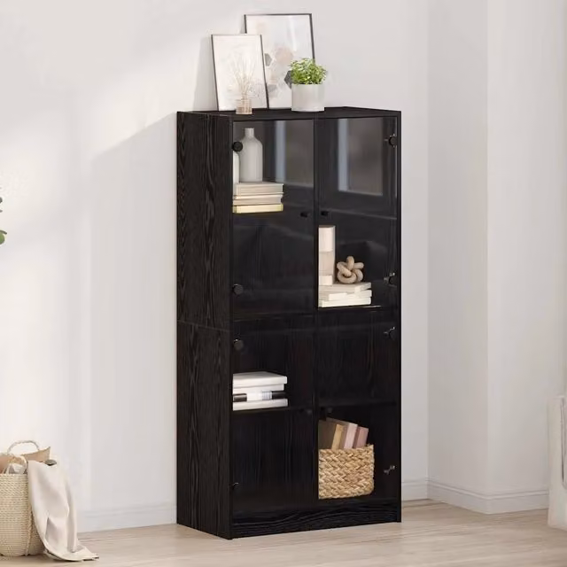 Credenza Buffet Moderna vidaXL in Legno e Metallo con Ante in Vetro, Colore Rovere e Nero, L/P/H: 68 x 37 x 142 cm – 1
