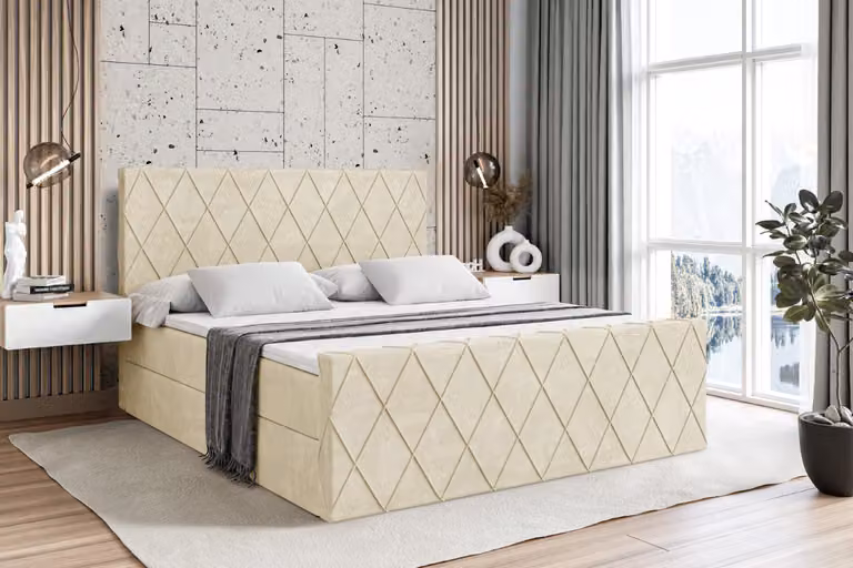 Letto boxspring ALTDECOR con pediera, materasso H4 e topper - 160x200 cm - LEPARO-Z - Beige Monolith - Letto imbottito con contenitore e rete a doghe, letto con spazio di stivaggio