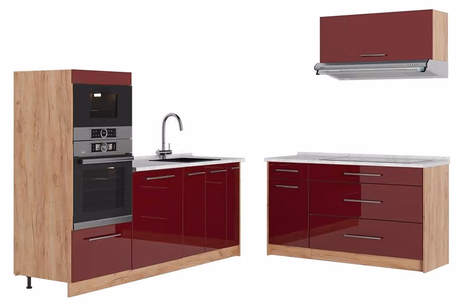 Cucina Vicco Fame-Line Bordeaux lucido/Rovere dorato 340 cm, PL Marmo, Model 63907
