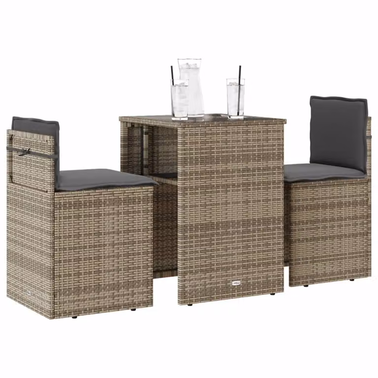 Set da Bistrò vidaXL 3 pz in Polyrattan Grigio con Cuscini e Tavolo in Vetro