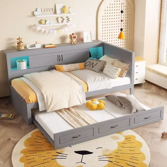Letto divano estraibile 90×200 cm e 90×190 cm con LED, presa USB e vano laterale, senza materasso, grigio