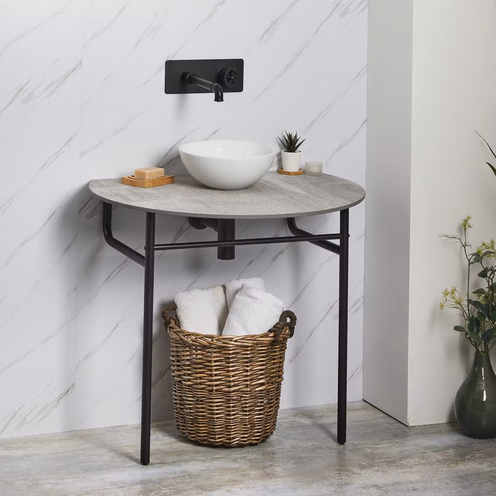 Consolle  Nera con Lavabo Rotondo da 280mm e Ripiano Grigio Pietra - Nitido
