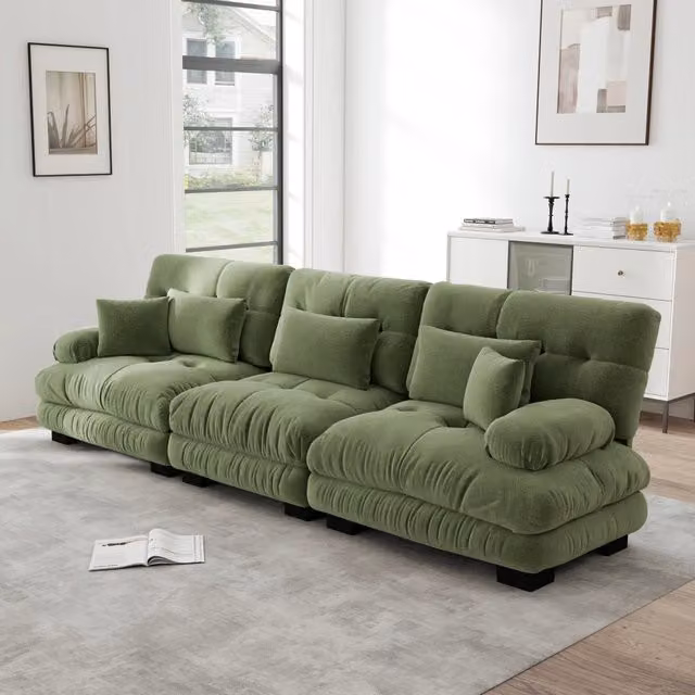 Divano Angolare 3 Posti con Chaise Longue ¨C MINIMAL ¨C Tessuto Chenille Verde, Divano Letto
