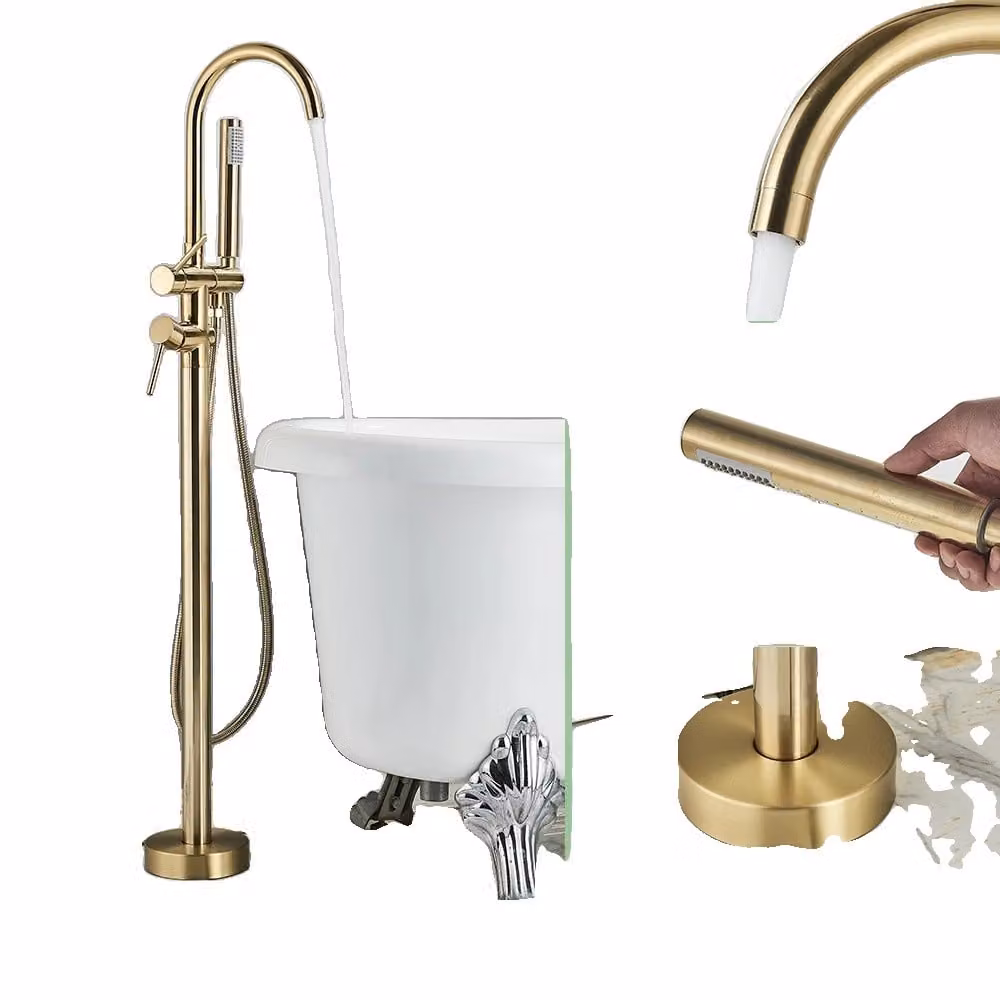 Miscelatore da pavimento per vasca, design a doppia maniglia, superficie lucida, oro spazzolato