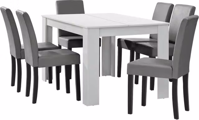 Set Pranzo con Tavolo 140x90 cm e 6 Sedie in Similpelle - Bianco / Grigio chiaro [en.casa]