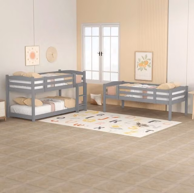 Letto a castello a tre posti 90x200 cm con due scale in legno grigio