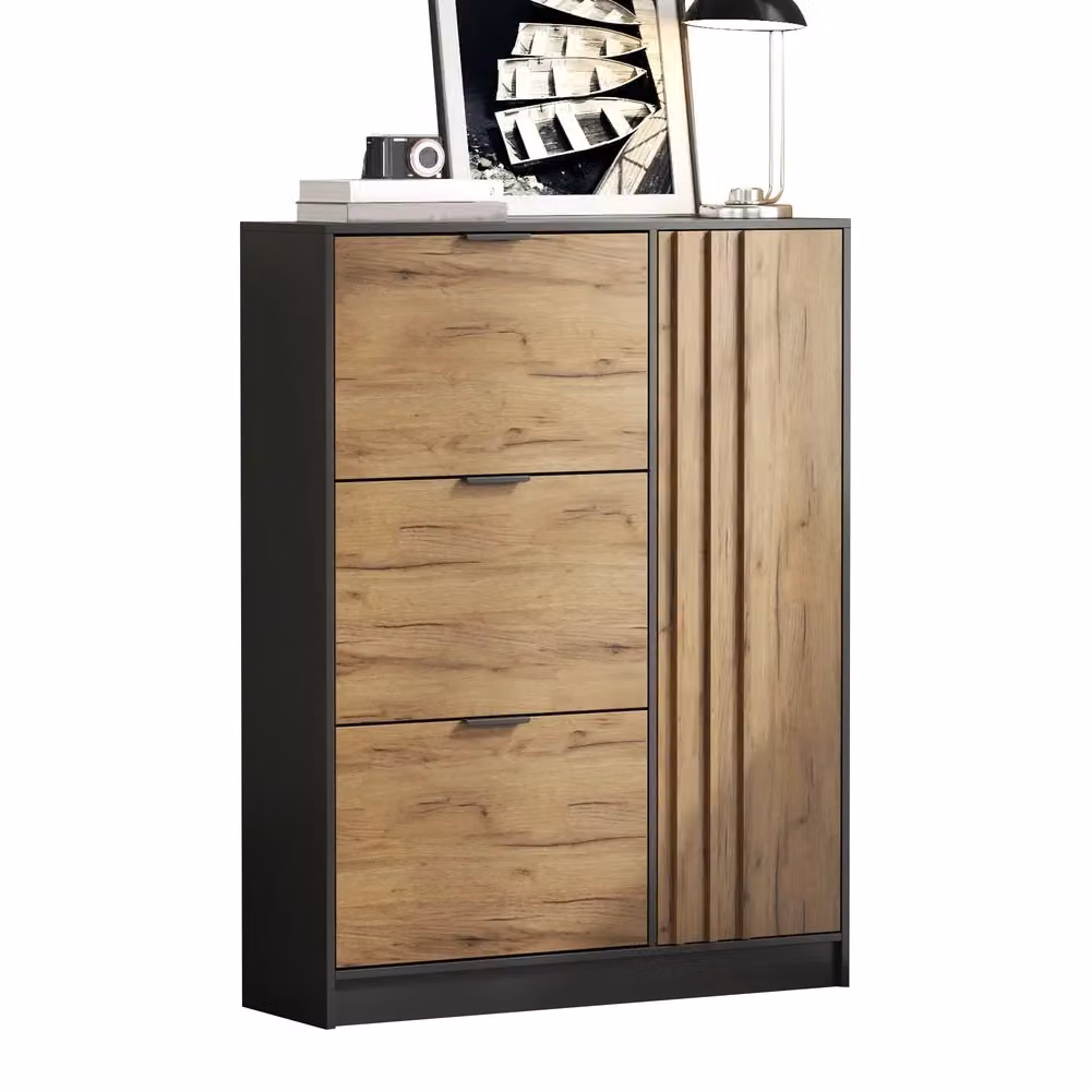Scarpiera Minimal in MDF per ingresso e camera da letto, colore rovere e nero, con 3 ante e capacità per 12 paia di scarpe, L 100 cm x P 30 cm x H 130 cm – 2