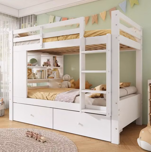 Letto a castello per bambini 205x104x160 cm in legno bianco con contenitori -