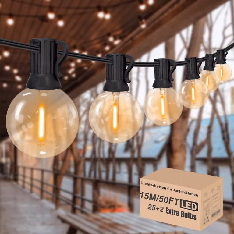 Catena luminosa a LED, 15 metri, luce bianco caldo, 25+2 lampadine G40 E12, dimmerabile, grado di protezione IP45