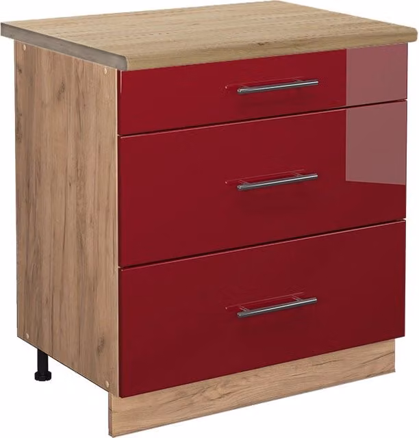 Mobiletto base per cucina Fame-Line Bordeaux lucido/Rovere dorato 80 cm con 3 cassetti, PL Rovere Vicco