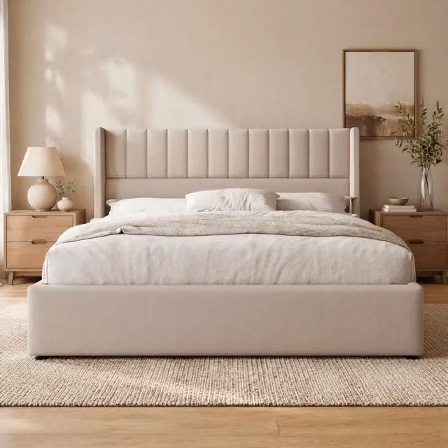 Letto matrimoniale contenitore 160 × 200 cm idraulico con testiera imbottita in legno lino e metallo beige