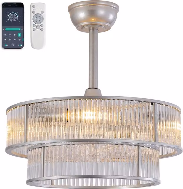 Ventilatore da soffitto moderno con luce LED e cristallo, colore argento e trasparente, con controllo tramite app e telecomando, ideale per camera da letto o cameretta dei bambini