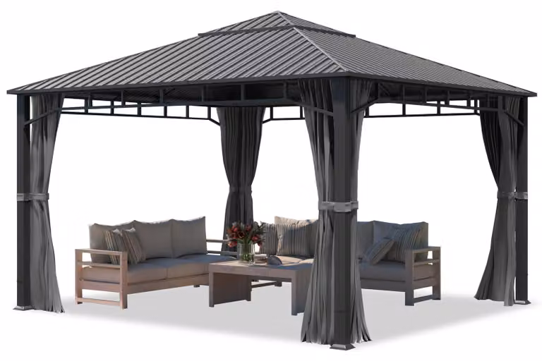 TOOLPORT Gazebo da giardino 4x4 m tetto hardtop in acciaio 4 teli laterali color grigio, profilo ca. 90x90 mm