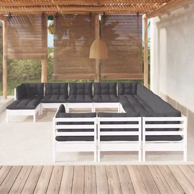 Set di Divani da Giardino a Forma di U vidaXL con Cuscini Bianchi e Antracite in Legno di Pino Trattato – 1