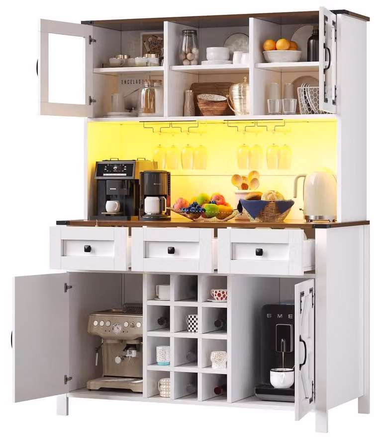Mobile da cucina con prese USB e prese di corrente, 4 ante, 3 cassetti, barra illuminante a LED, dimensioni 120x40x170 cm, colore bianco