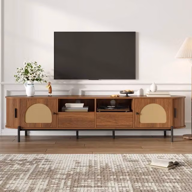 Mobile TV ovale in MDF con ante in rattan e gambe in metallo nero, 200x40x49,5 cm, color noce