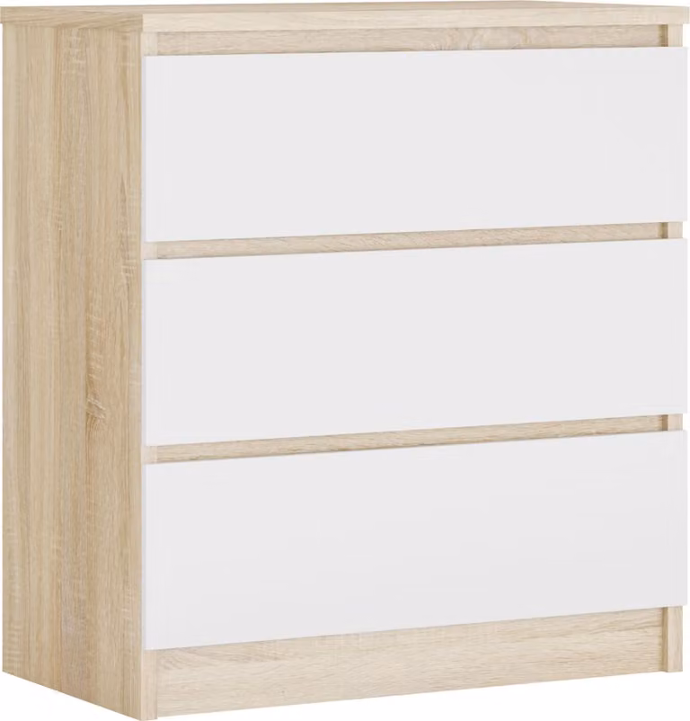 Cassettiera 3 cassetti, colore: rovere Sonoma / bianco opaco, 78 x 70 x 39 cm