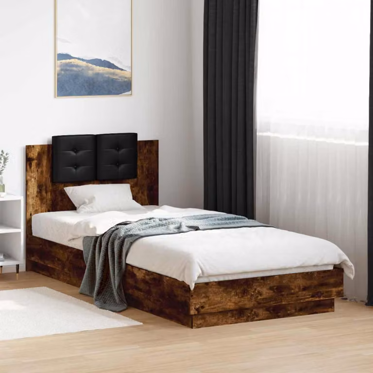 Struttura letto moderna vidaXL con testata in legno ingegnerizzato Rovere Fumo e porta di ricarica USB