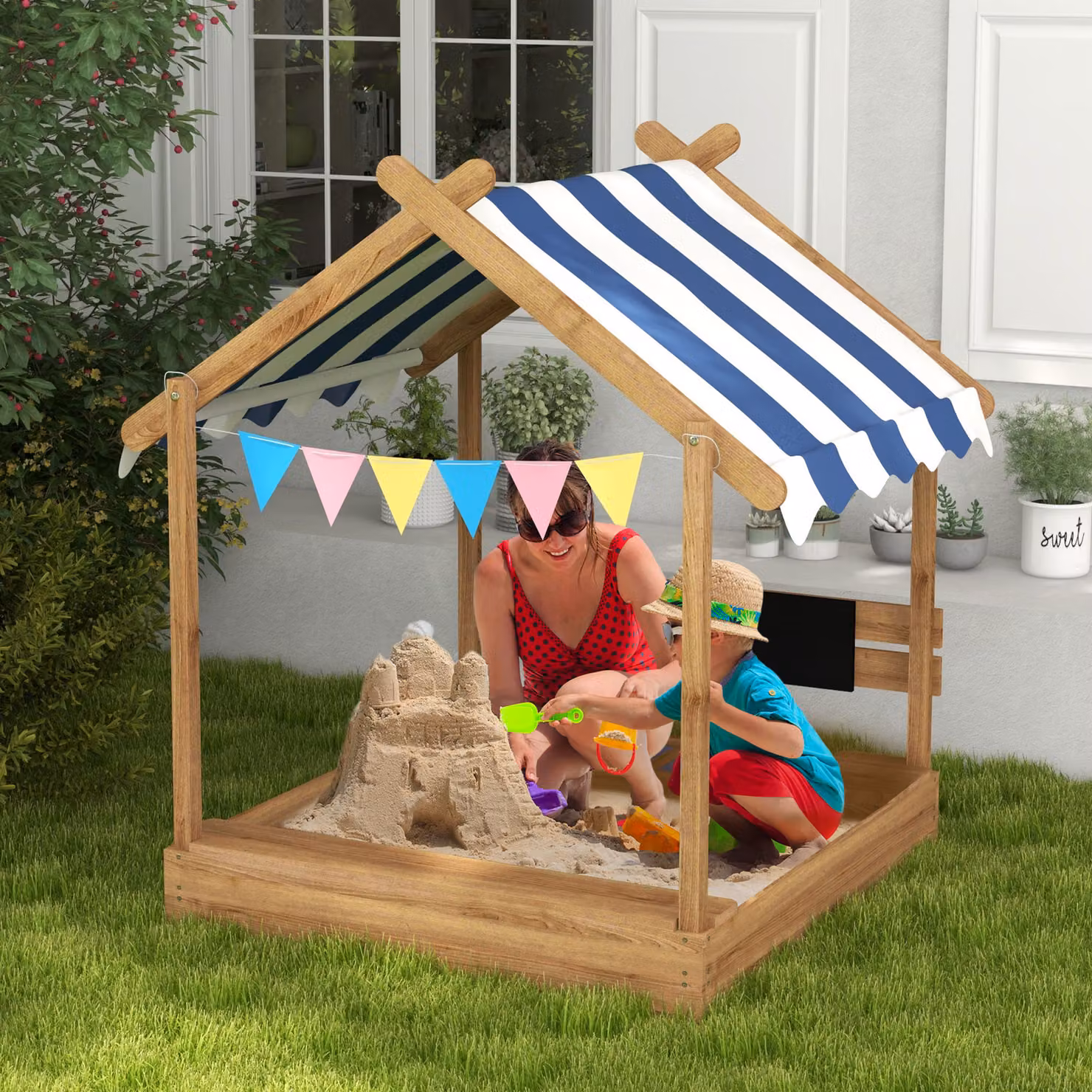 Outsunny Sabbiera con Design Casa da Gioco e Protezione Solare in Legno Massiccio, Marrone, L: 124 cm, P: 116 cm, H: 146 cm – 2
