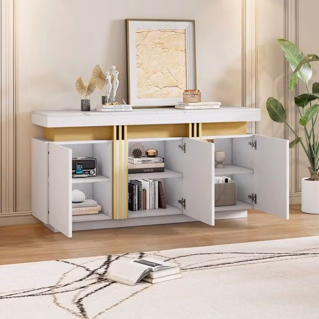 Credenza ULEVR 140x38x70 cm con 3 ante, 6 vani e ripiani regolabili, bianco con piano effetto marmo