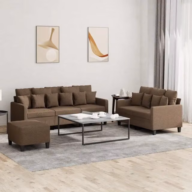 Set di divani moderno vidaXL composto da divano a 3 posti, divano a 2 posti e pouf, rivestito in tessuto marrone con cuscini inclusi
