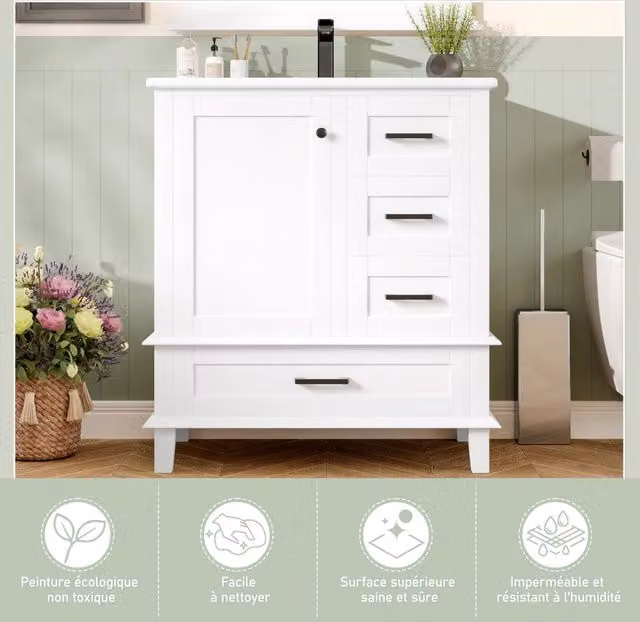 Mobile da Bagno con Lavabo Integrato e Cassetti ¨C MINIMAL ¨C Bianco 76x46x83,5cm