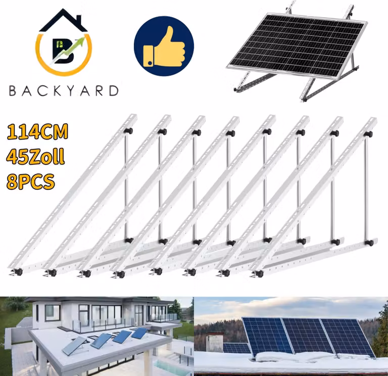 8 supporti per pannelli solari, fino a 114 cm, struttura di montaggio per pannelli fotovoltaici regolabile da 0 a 90°, sistema di fissaggio autonomo per pannelli solari, ideale per superfici piane