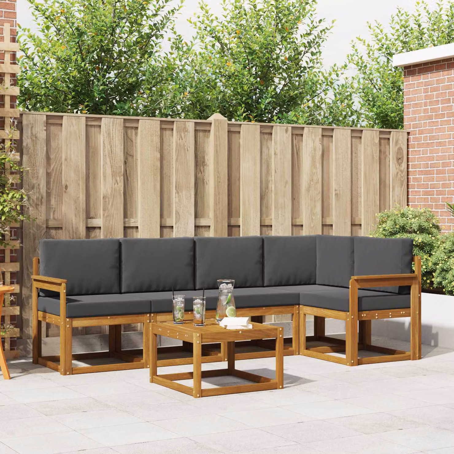 vidaXL Set di divani da esterno a L in legno di acacia con tavolo da caffè, 6 pezzi, Beige, Antracite e Marrone